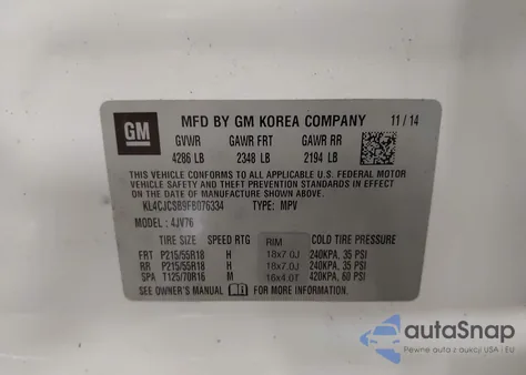 2015 Buick Encore Leather from USA, damaged, VIN KL4CJCSB9FB076334